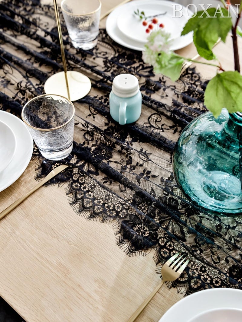 BOXAN 30x120 Inch Mysterious Black Lace Table Runner Boho Thanksgiving Lace Runner, Rustic Wedding Decorations, Lightweight Table Cover for Birthday Party Supplies Wedding Anniversary Party Decor - Image 2